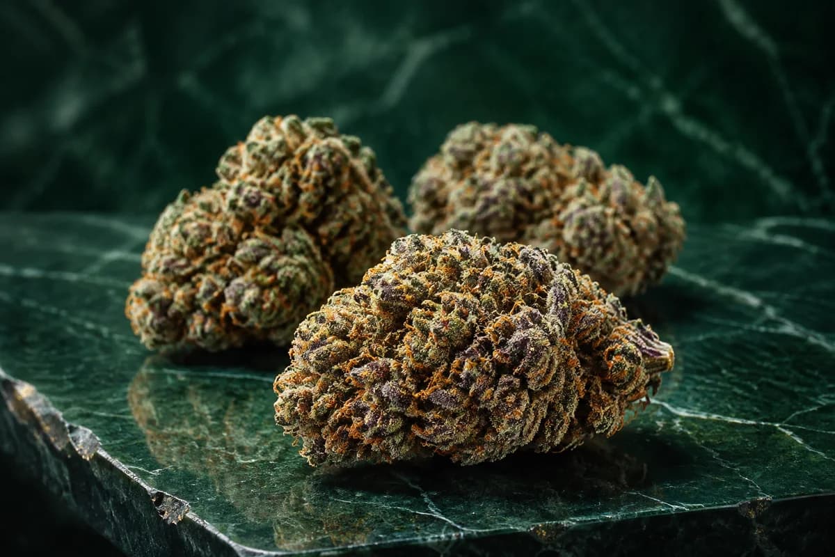 Illustrative still life of mature trimmed cannabis flower