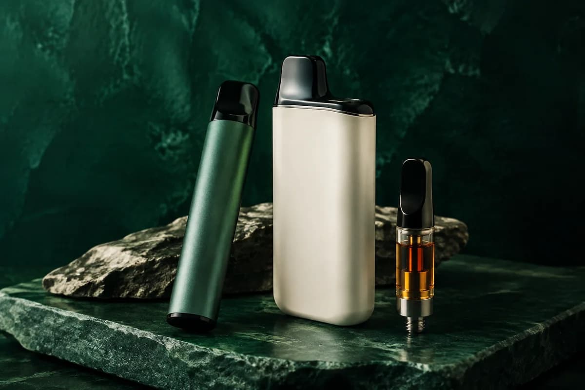 Illustrative still life of unlabelled cannabis vape devices