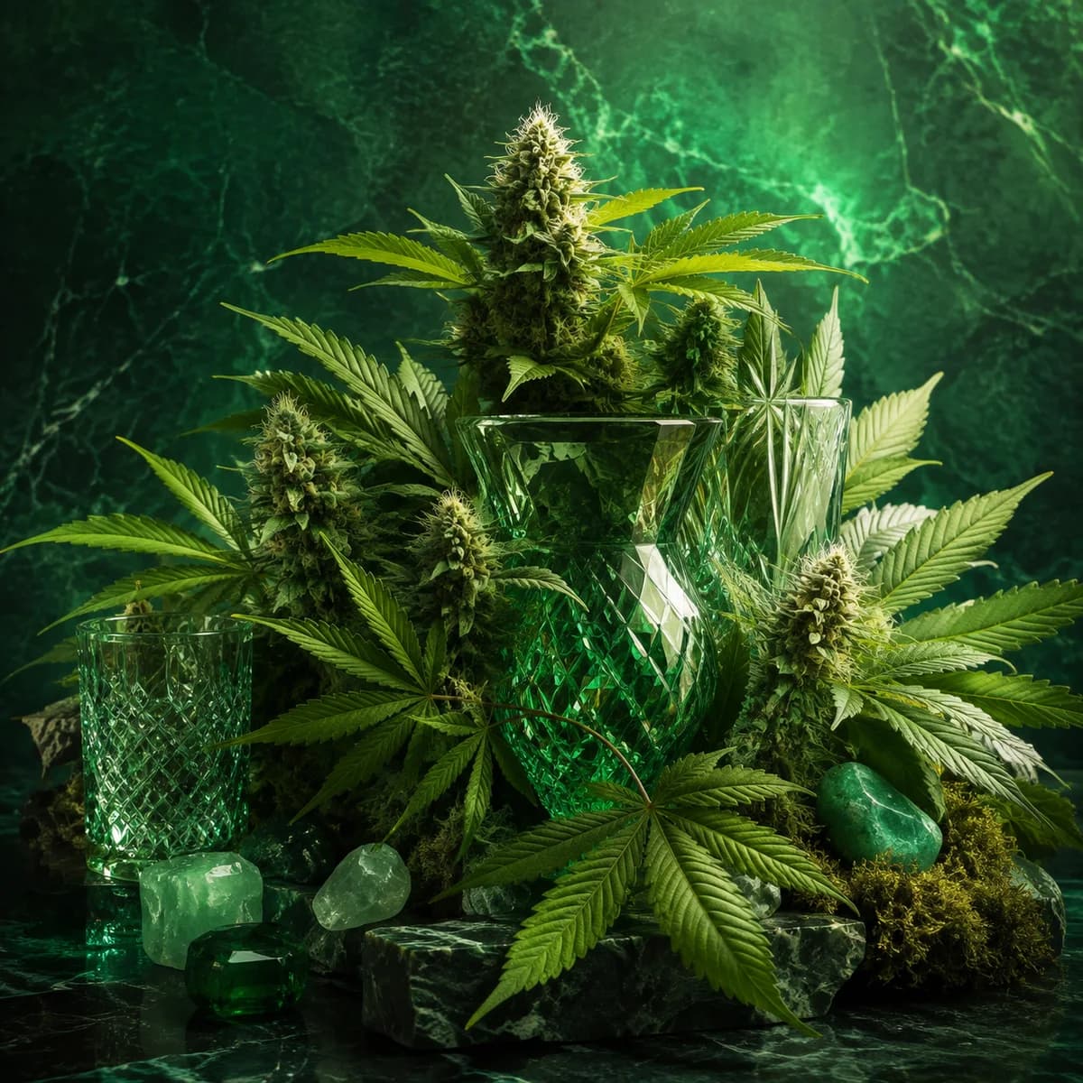 Illustrative cannabis botanical arrangement with emerald crystal for the Exotic Weed collection