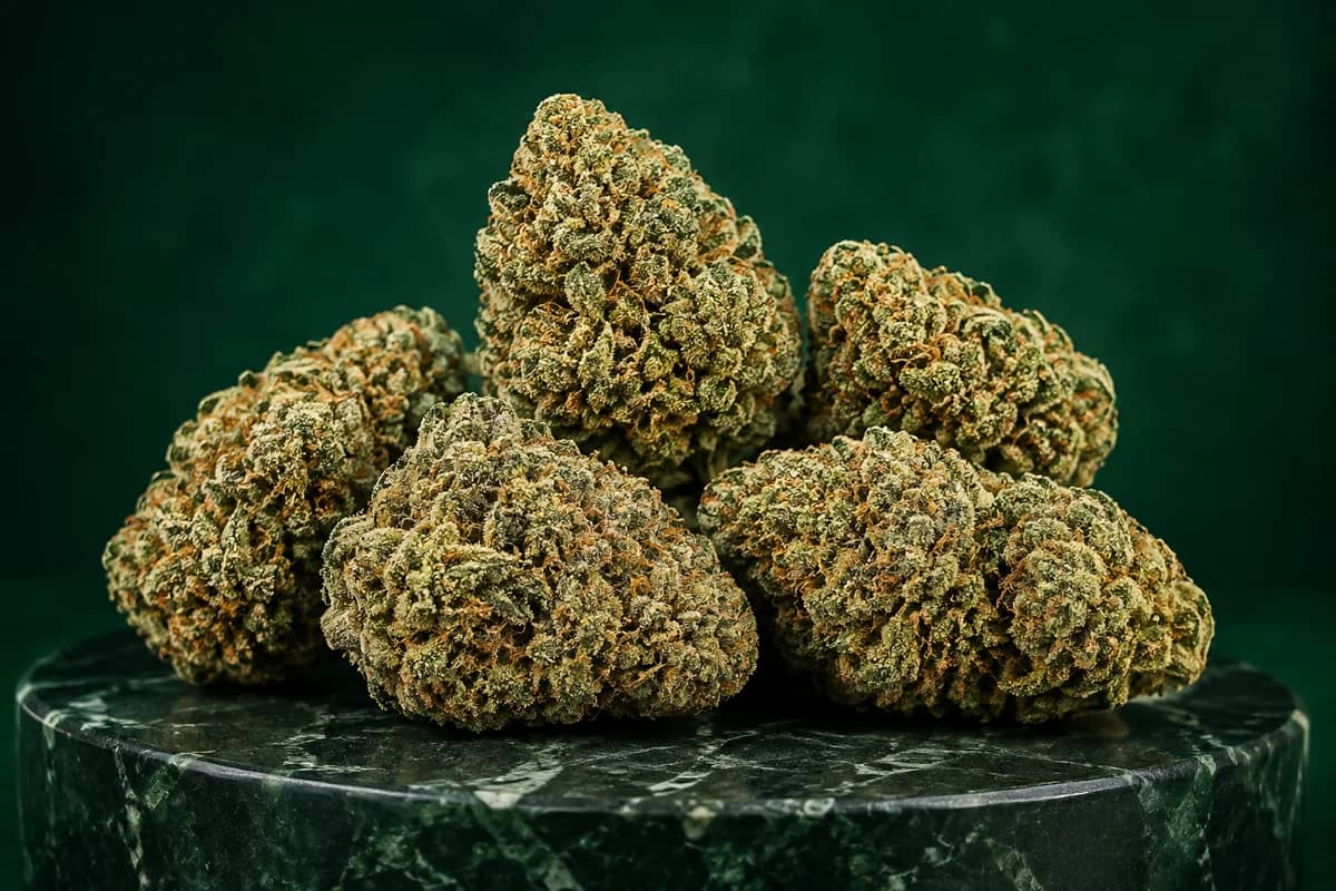 Illustrative mature trimmed cannabis buds on emerald stone for the Premium Weed collection