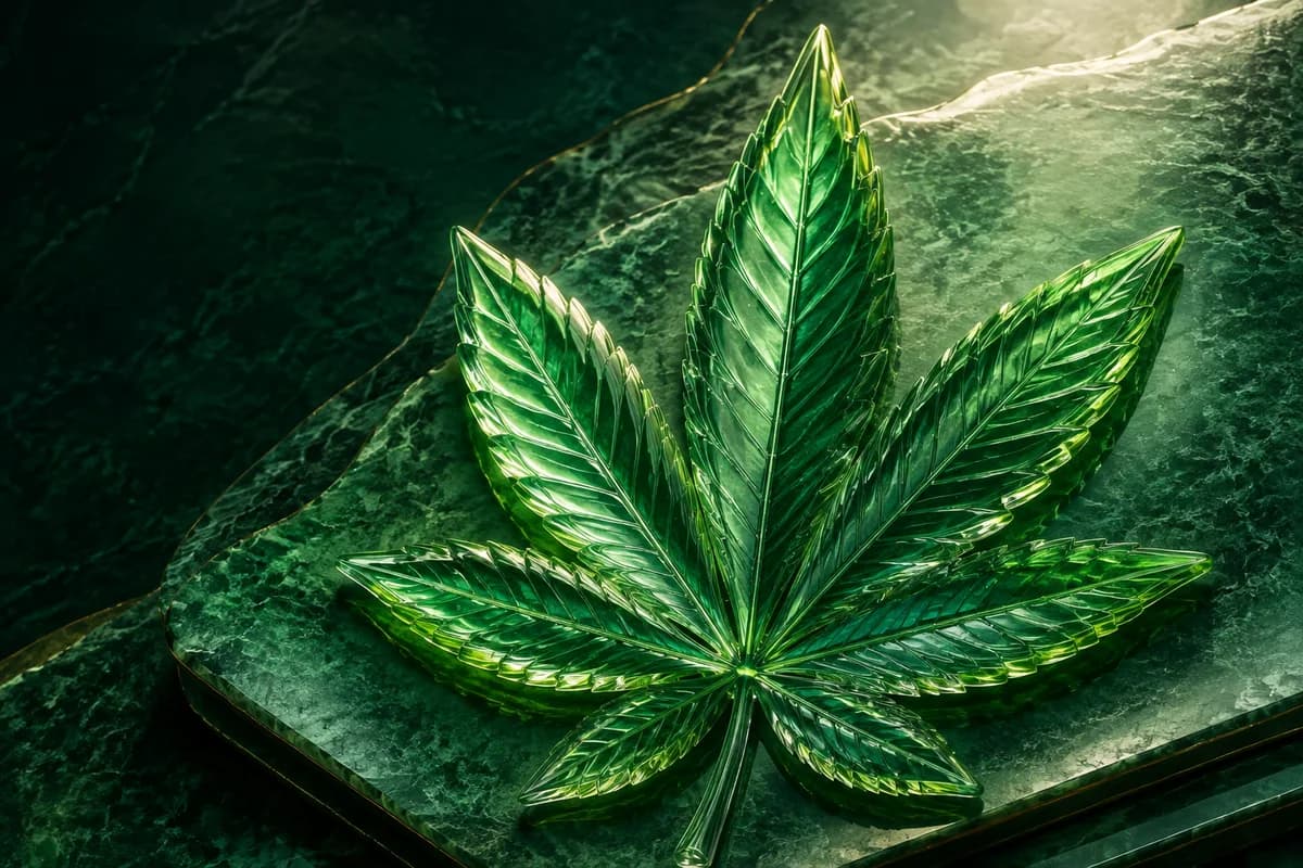 Abstract emerald brand illustration with a cannabis leaf and textured stone